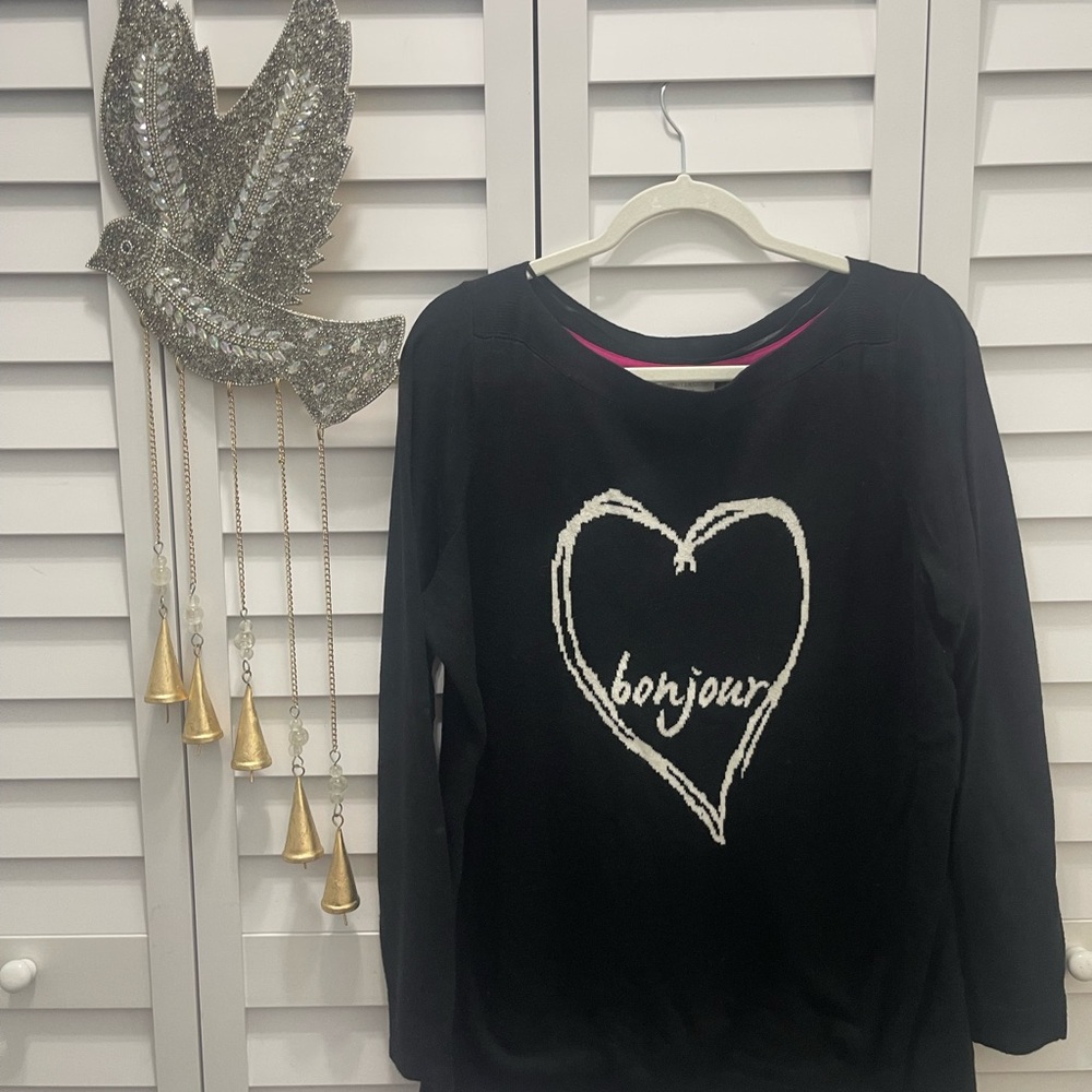 Charter Club Black Long-Sleeve Tee with White Heart 'bonjour' Graphic